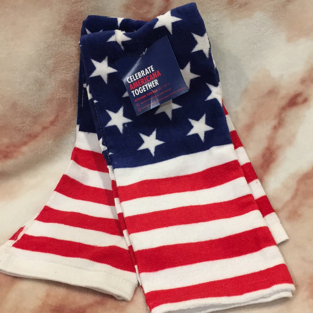 American Flag Patriotic July 4 Kitchen Towel Set of Two NWT Cotton 16.5x26”